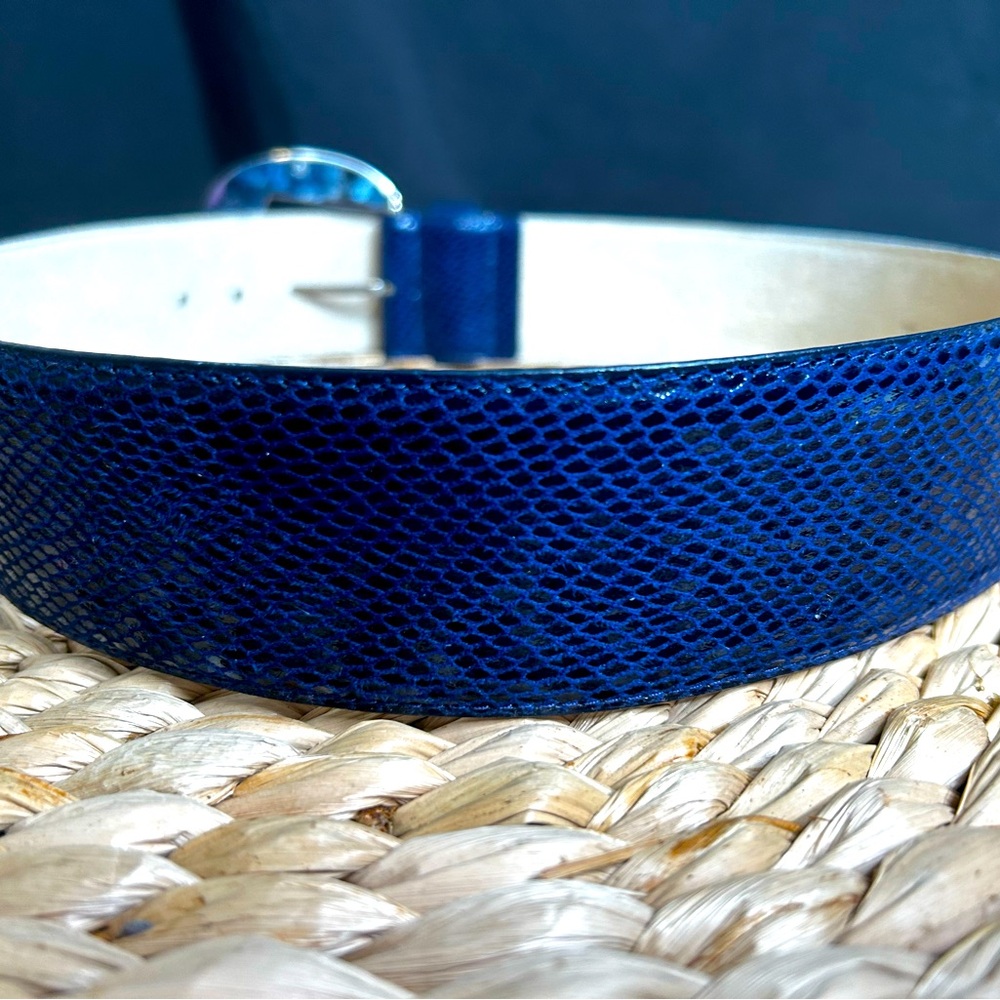 WHITE HOUSE BLACK MARKET Blue Leather Snakeskin Look STATEMENT Wide Belt Medium - Picture 3 of 8